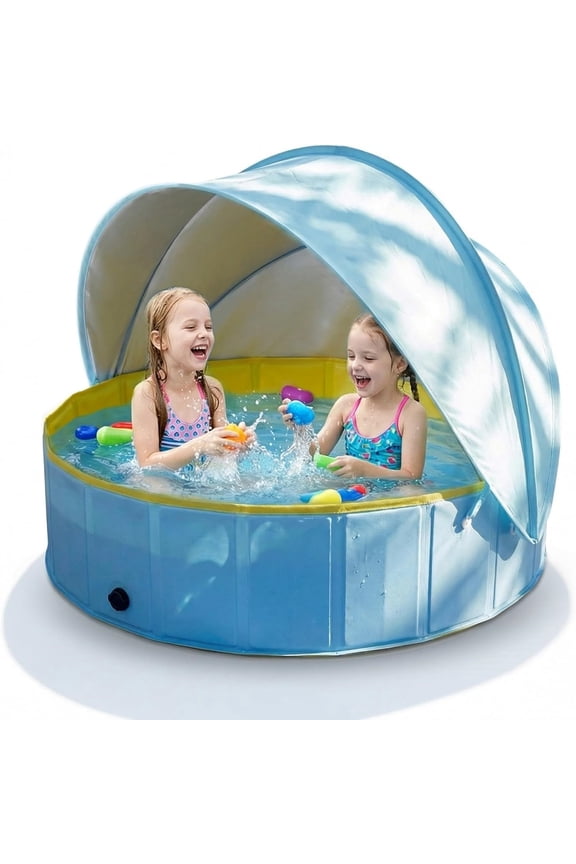 Foldable Dog & Kiddie Pool with canopy，64"×12"Swimming Pool