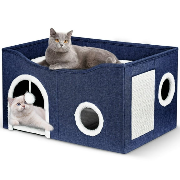 Niubya Indoor Cat Large Cat Bed Cave with Fluffy Ball and Scratch Pad,Foldable CatHouses & Condos