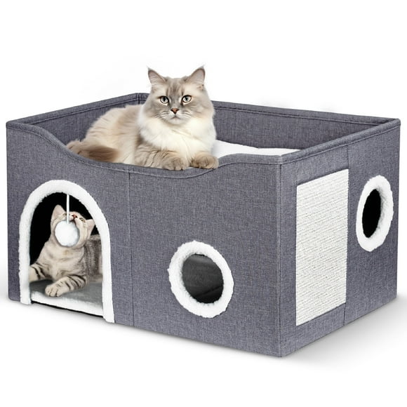 Niubya Indoor  Cat Large Cat Bed Cave with Fluffy Ball and Scratch Pad,Foldable CatHouses & Condos