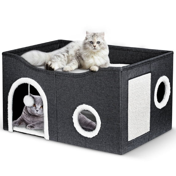 Niubya Indoor Cat Large Cat Bed Cave with Fluffy Ball and Scratch Pad,Foldable CatHouses & Condos,