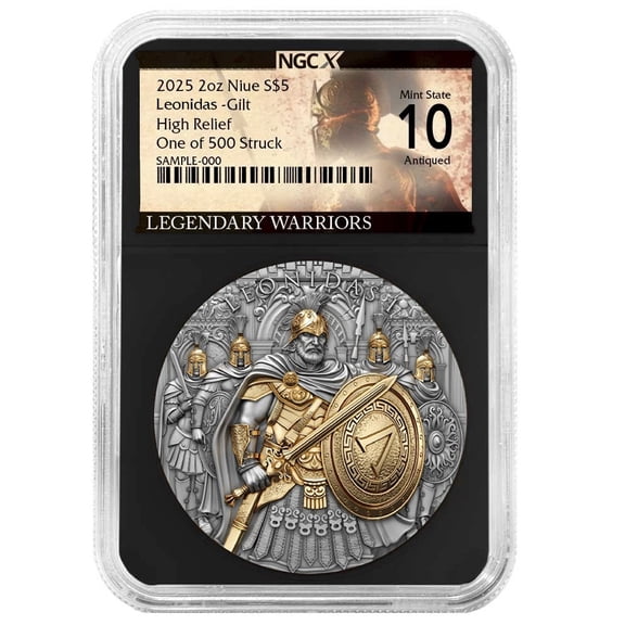 Niue 2025 Leonidas $5 2-oz High Relief Silver Antiqued & Gold Gilded NGCX MS10 Legendary Warriors Label Retro Core