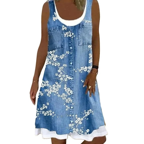 Niuer Casual Dress for Women Sleeveless Fake 2 Piece Dress Summer Boho Tunic Dress S-5XL