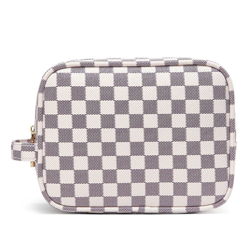 Aokur Checkered Travel Makeup Bag for Women Girls, Waterproof Brown  Cosmetic Pouch Case, Vagan Leather Toiletry Bag 