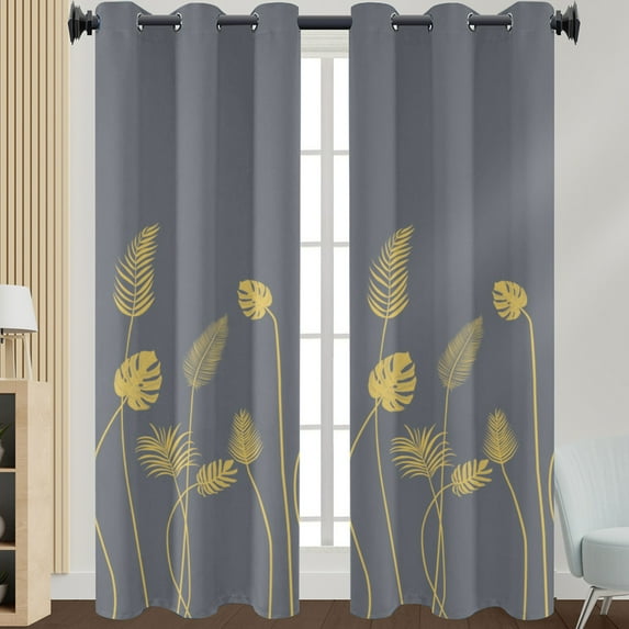 Niuer Curtains Grommet Drapes Semi Sheer Leaf Print Window Curtain Light Filtering Long Treatments Privacy Linen Textured Dark Gray W: 43"x H:63"