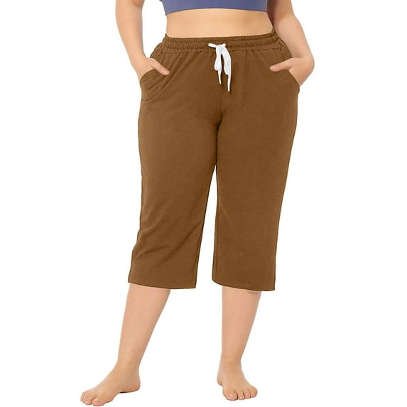Niuer Ladies Baggy Straight Leg Palazzo Pant Women Boho Pants Drawstring Summer Capri Bottoms with Pockets Khaki L