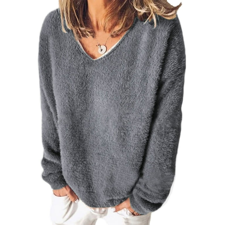 Niuer Ladies Casual Long Sleeve Tops Women Warm Jumpers Plush Sport Solid  Color Cozy Pullover Gray L 