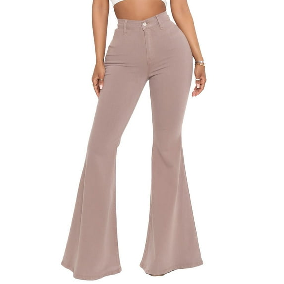 Niuer Ladies Denim Pants High Waist Trousers Solid Jeans Slim Fit Skinny With Pocket Mocha S