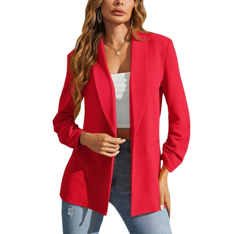 Niuer Ladies Elegant Open Front Business Jackets Women Plain Cardigan  Jacket Long Sleeve Work Solid Color Mid Length Blazers Red M 