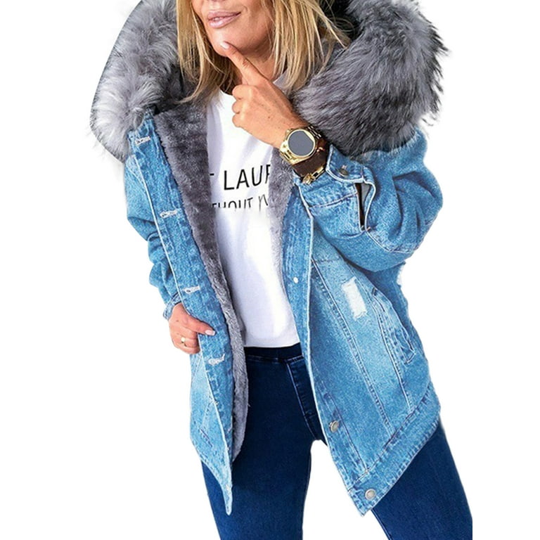 Niuer Ladies Fuzzy Fleece Collar Solid Color Outwear Women Single-breasted  Jacket Lapel Neck Winter Warm Long Sleeve Plain Coat Light Blue 5XL 