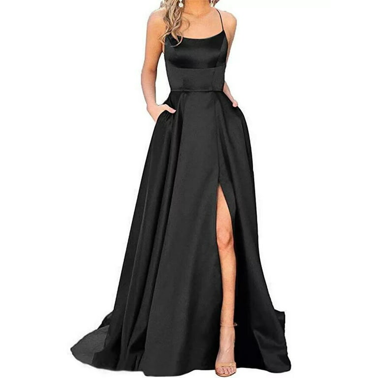 Niuer Ladies Long Dress Scoop Neck Ball Gown Spaghetti Straps Maxi Dresses  Sexy Sleeveless Black 2XL 