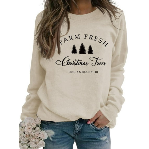 Niuer Ladies Loose Fit Baggy Sweatshirts Women Casual Sweatshirt Christmas Tree Print Holiday Crew Neck Xmas Tops Beige M