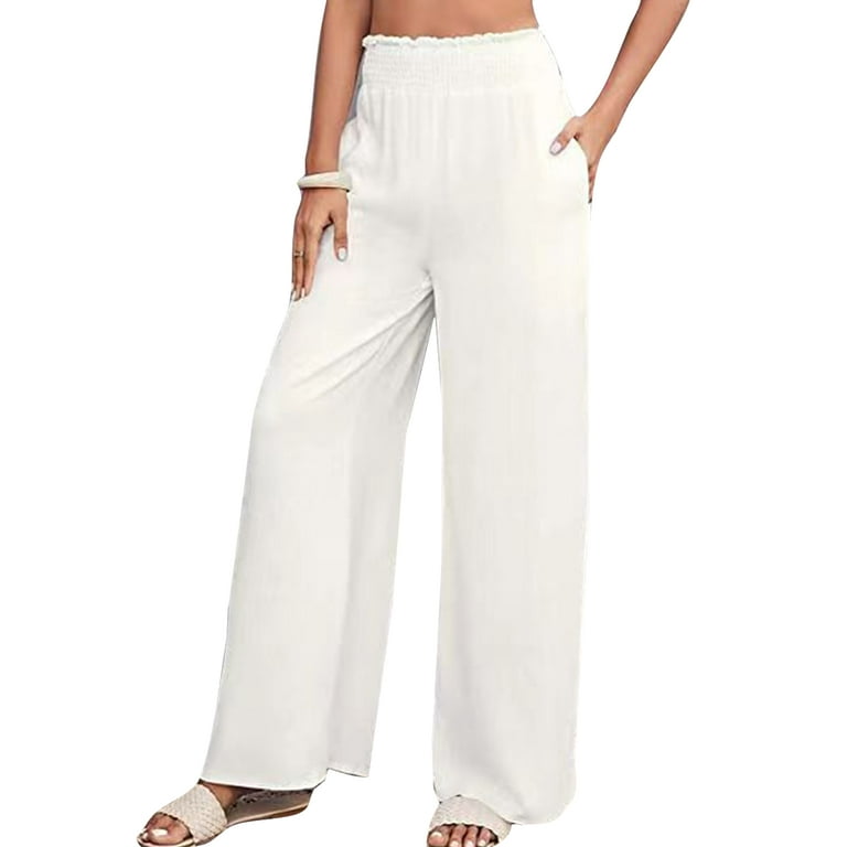 Niuer Ladies Loose Fit High Waist Pants Women Boho Solid Color Flowy Lounge  Beach Pants with Pockets 