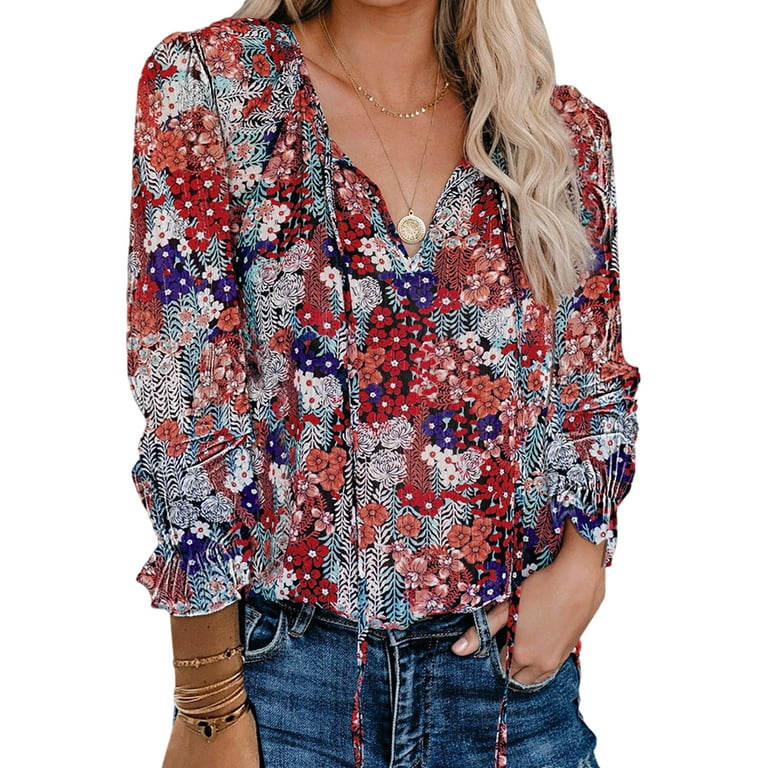 Niuer Ladies Loose Floral Print Pullover Women Casual Tops V Neck