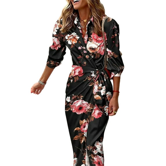 Niuer Ladies Loose Lace Up Long Dress Women Wrap Summer Beach Sundress Floral Print Holiday Sleeve V Neck Dresses 4 Black Floral S