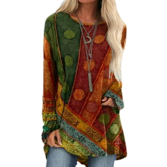 Niuer Ladies Retro Ethnic Style Tunic Blouse Women Vintage T Shirt Long Sleeve Work High Low Hem Round Collar Tops