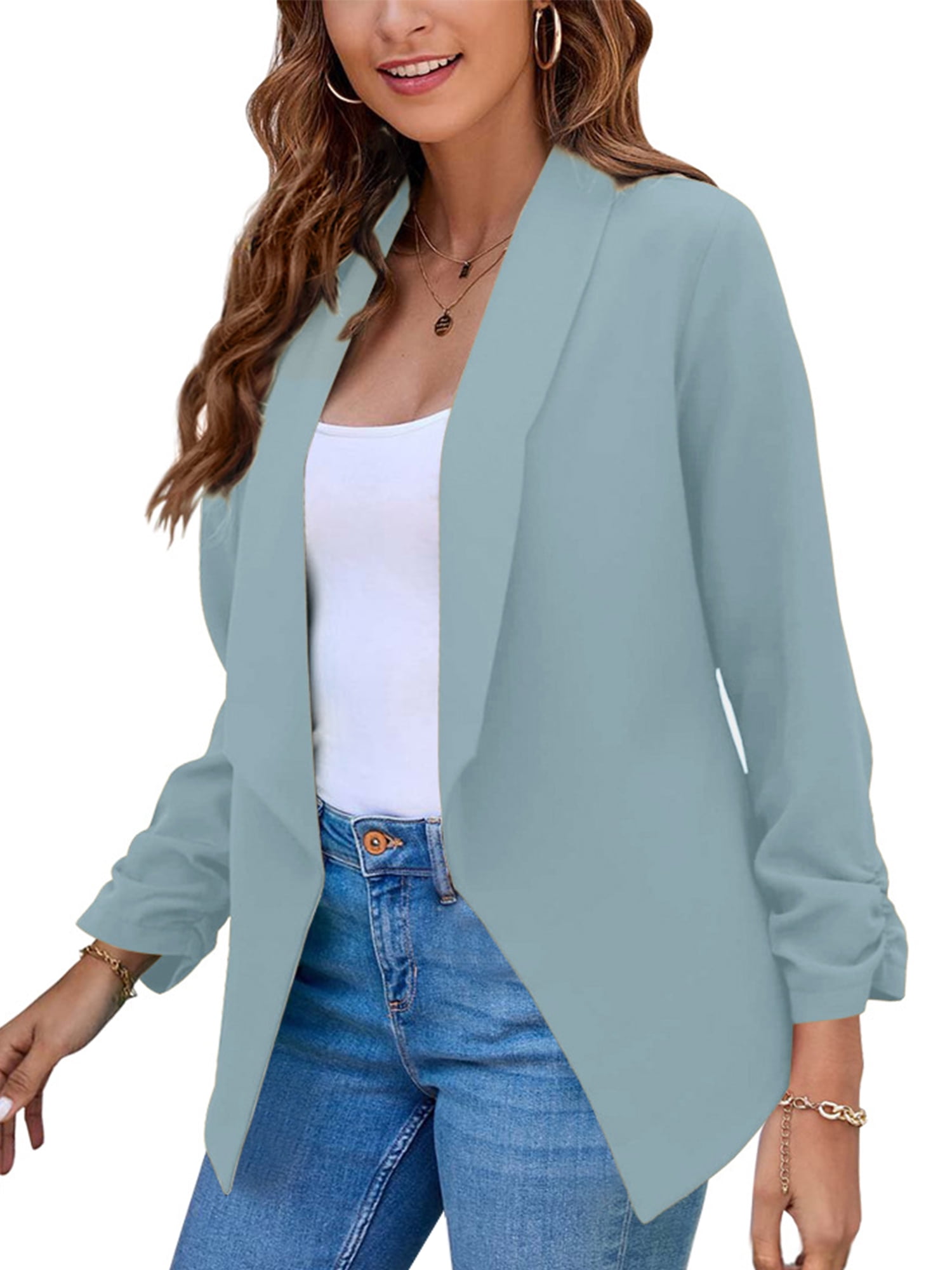 Niuer Ladies Slim Fit Long Sleeve Cardigan Jacket Women Casual Blazers  Plain Business Shawl Neck Open Front Outwear