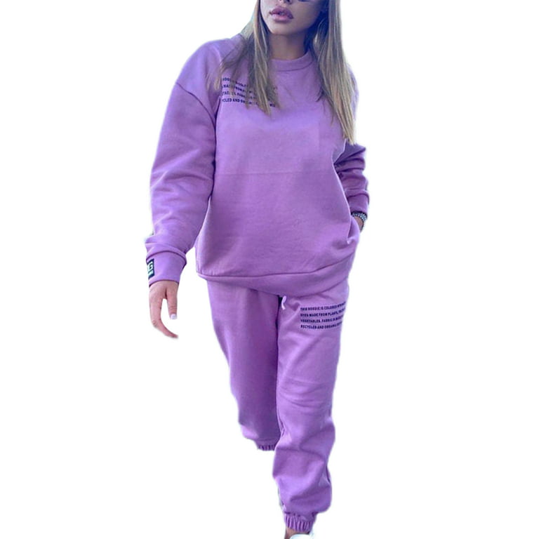 Niuer Ladies Sweatshirt And Sweatpants Solid Color Jogger Set Women Round  Collar Two Piece Outfit Elastic Waist Sports Drawstring Loose Fit Tracksuit  Purple XL 