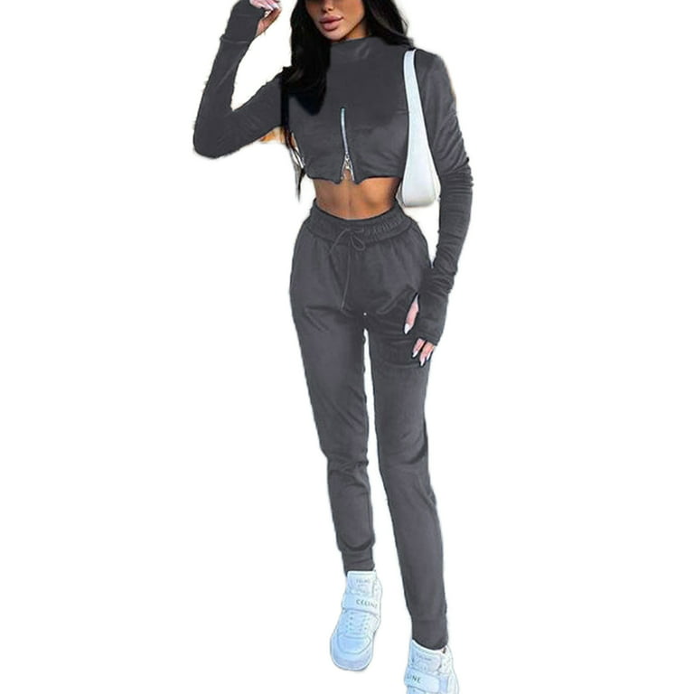 Niuer Ladies Sweatsuits High Neck Two Piece Outfit Crop Top And Pant Jogger  Set Sexy Lounge Sets Solid Color Gray 3XL 