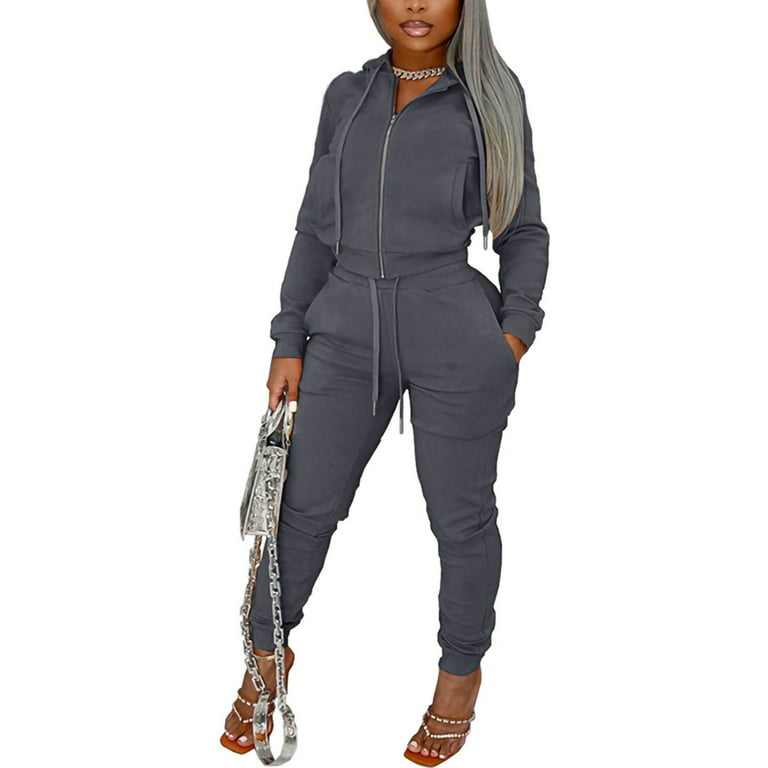 Niuer Ladies Sweatsuits Long Sleeve Tracksuit Sets Hoodies Two Piece Outfit  Beam Foot Hooded Sweatshirt And Pant Drawstring Jogger Set Gray 2XL 