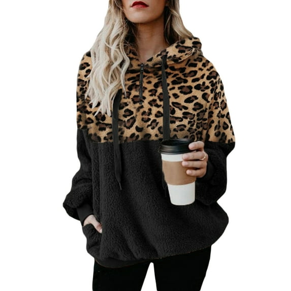Niuer Ladies Teddy Fleece Sweatshirt Drawstring Hooded Tops Leopard Print Hoodies Warm Pullover Long Sleeve Black 4XL