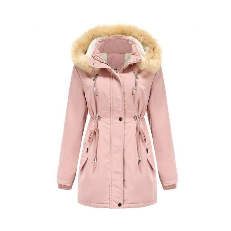 Niuer Ladies Thick Zipper Coat Women Overcoat Outwear Drawstring Winter  Long Sleeve Warm Thickened Jacket Pink 3XL 
