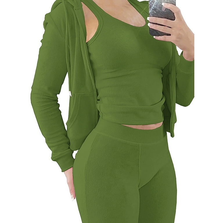 Niuer Ladies Tracksuit Set Full Zip 3 Pieces Outfit Solid Color Sweatsuits  Casual Jogger Sets Elastic Waist Green XL 