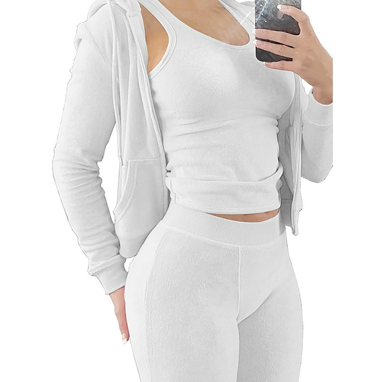 Niuer Ladies Tracksuit Set Full Zip 3 Pieces Outfit Solid Color Sweatsuits  Casual Jogger Sets Elastic Waist White L 