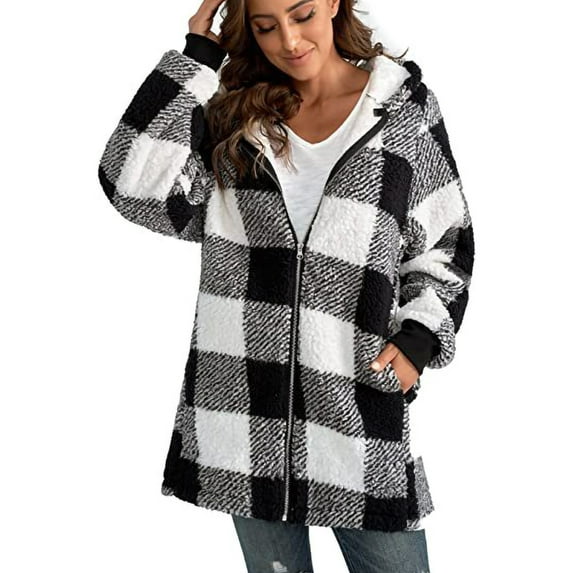 Niuer Ladies Warm Plaid Sherpa Coat Women Loose Fleece Fuzzy Jackets Long Sleeve Winter Hooded Casual Hoodies Jacket Black 3XL