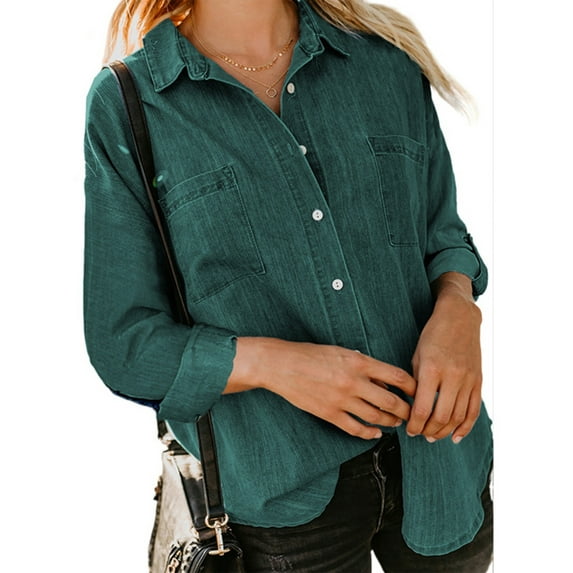 Niuer Lightweight Denim Shirt for Women Pocket Long Sleeve V Neck Blouse Casual Loose Button Down Business Tops Blackish Green 3XL