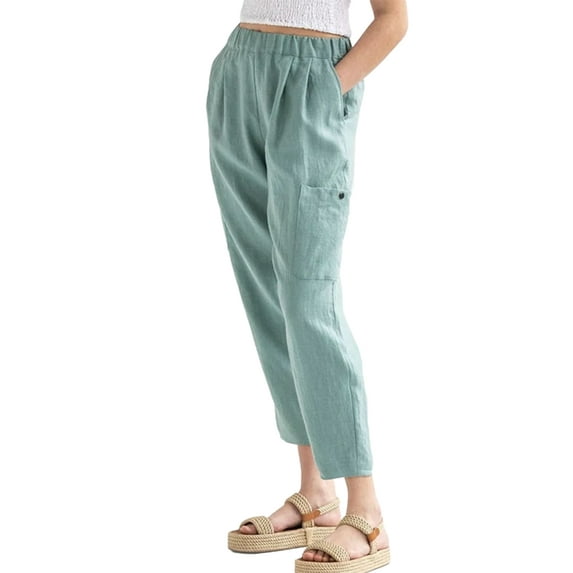 Niuer Linen Capris Pants For Women Ankle Length Beach Casual Pants High Waist Straight Plain Pants Size S-3XL