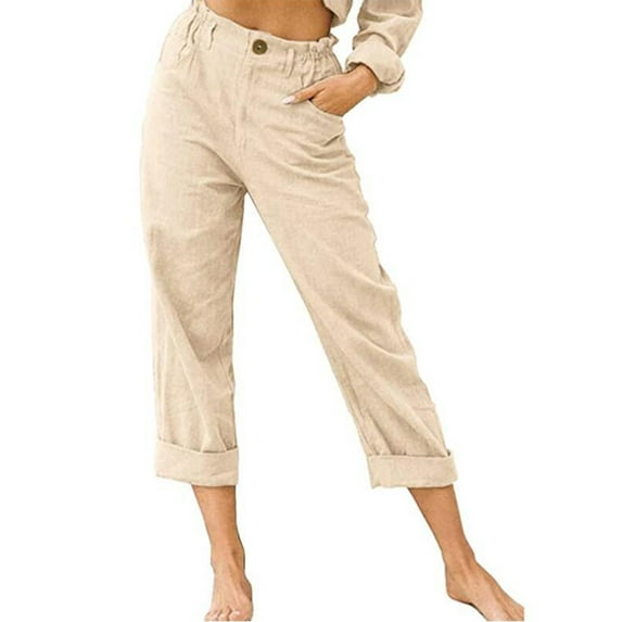 Niuer Linen Capris Pants For Women Casual High Waist Summer Pants Ladies Loose Fit Straight Pocket Beach Harem Pants