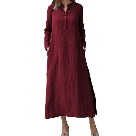 Niuer Loose Kaftan Linen Maxi T-Shirt Dress For Women Vintage Long Sleeve Baggy Sundress For Ladies Beachwear Holiday Party Shift Dresses