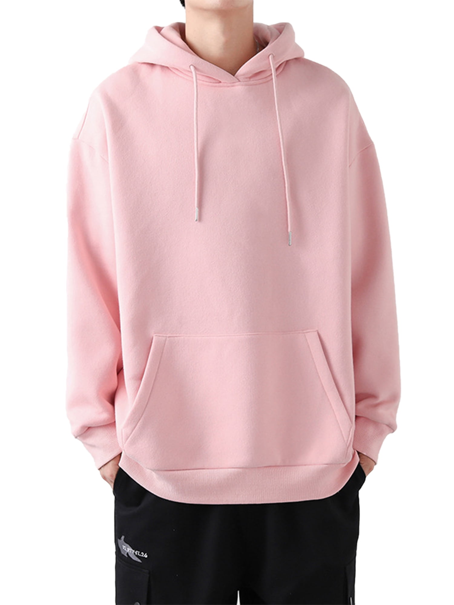 Niuer Men Leisure Solid Color Hoodies Mens Casual Sweatshirt Drawstring  Winter Long Sleeve Plain Pullover Pink 3XL