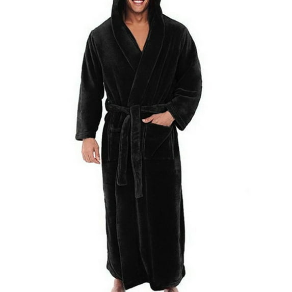 Niuer Mens Bath Robes Hooded Wrap Robe Long Sleeve Dressing Gown Warm Towelling Solid Color Nightwear Black 2XL