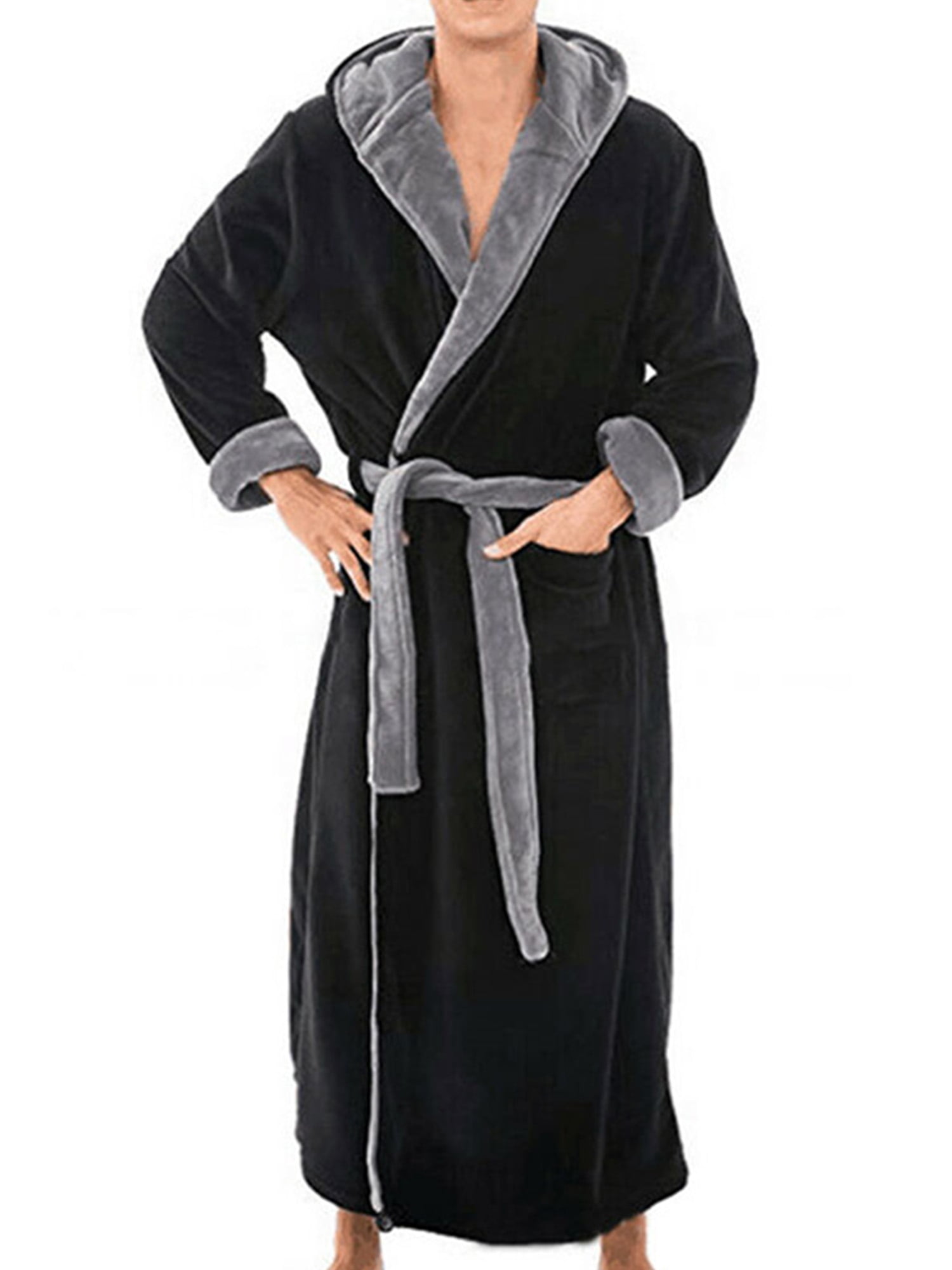 Niuer Mens Bath Robes Hooded Wrap Robe Long Sleeve Dressing Gown Warm Towelling Solid Color