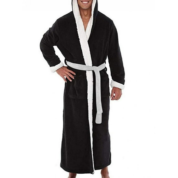 Niuer Mens Bath Robes Hooded Wrap Robe Long Sleeve Dressing Gown Warm Towelling Solid Color Nightwear Black White 3XL