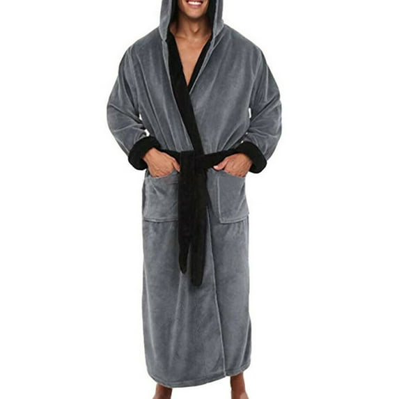 Niuer Mens Bath Robes Hooded Wrap Robe Long Sleeve Dressing Gown Warm Towelling Solid Color Nightwear Gray Black 3XL