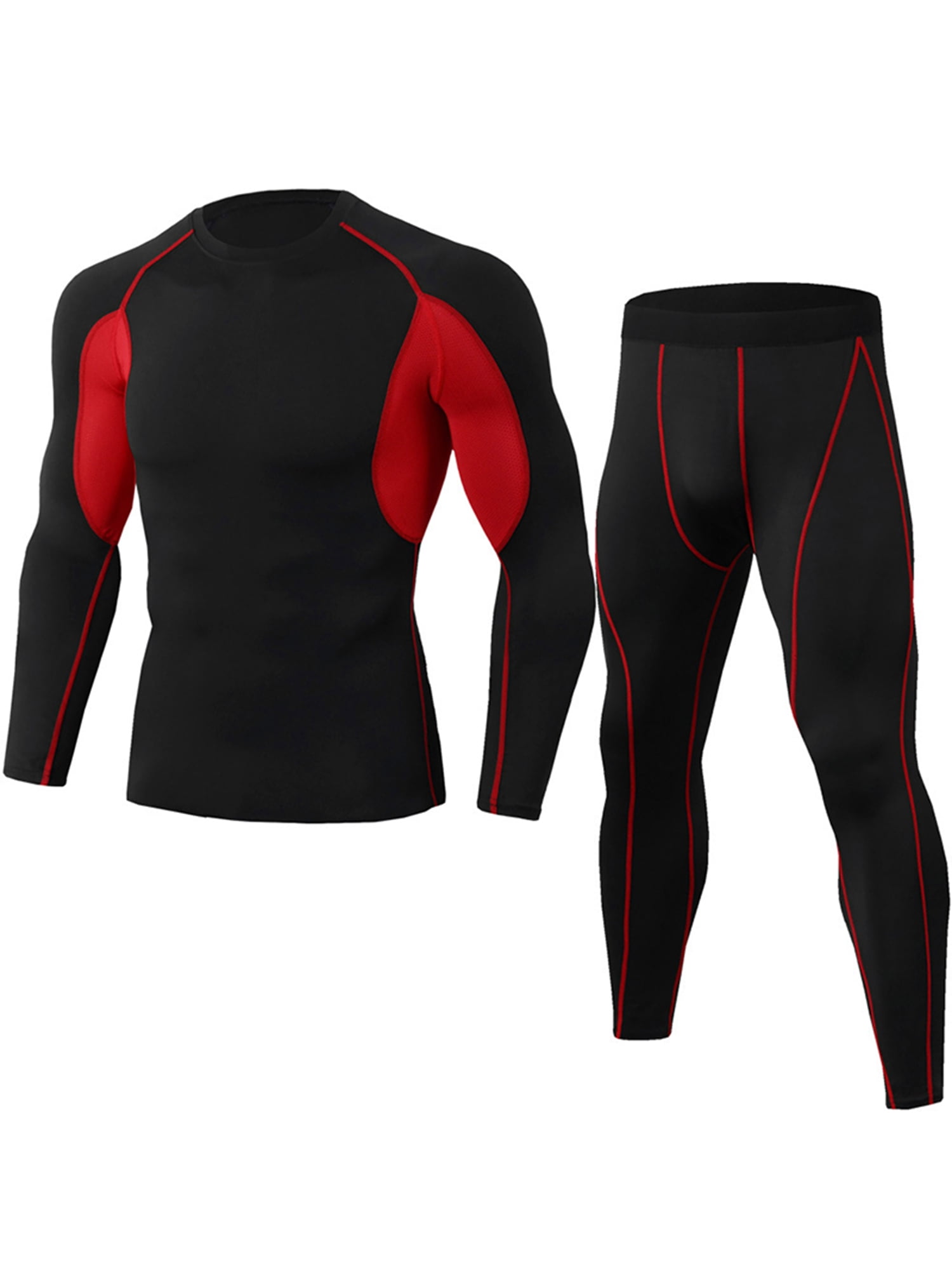 Niuer Mens Compression Shirt And Pant Set Crew Neck Base Layer Suit Long  Sleeve Tracksuit Tight Legging Outfits Quick Dry Black Red XL 