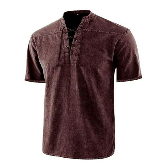 Niuer Mens Fashion Henley Shirt Cotton Casual Vintage Short Sleeve Tee Shirt Hippie Lace Up Beach Yoga Top