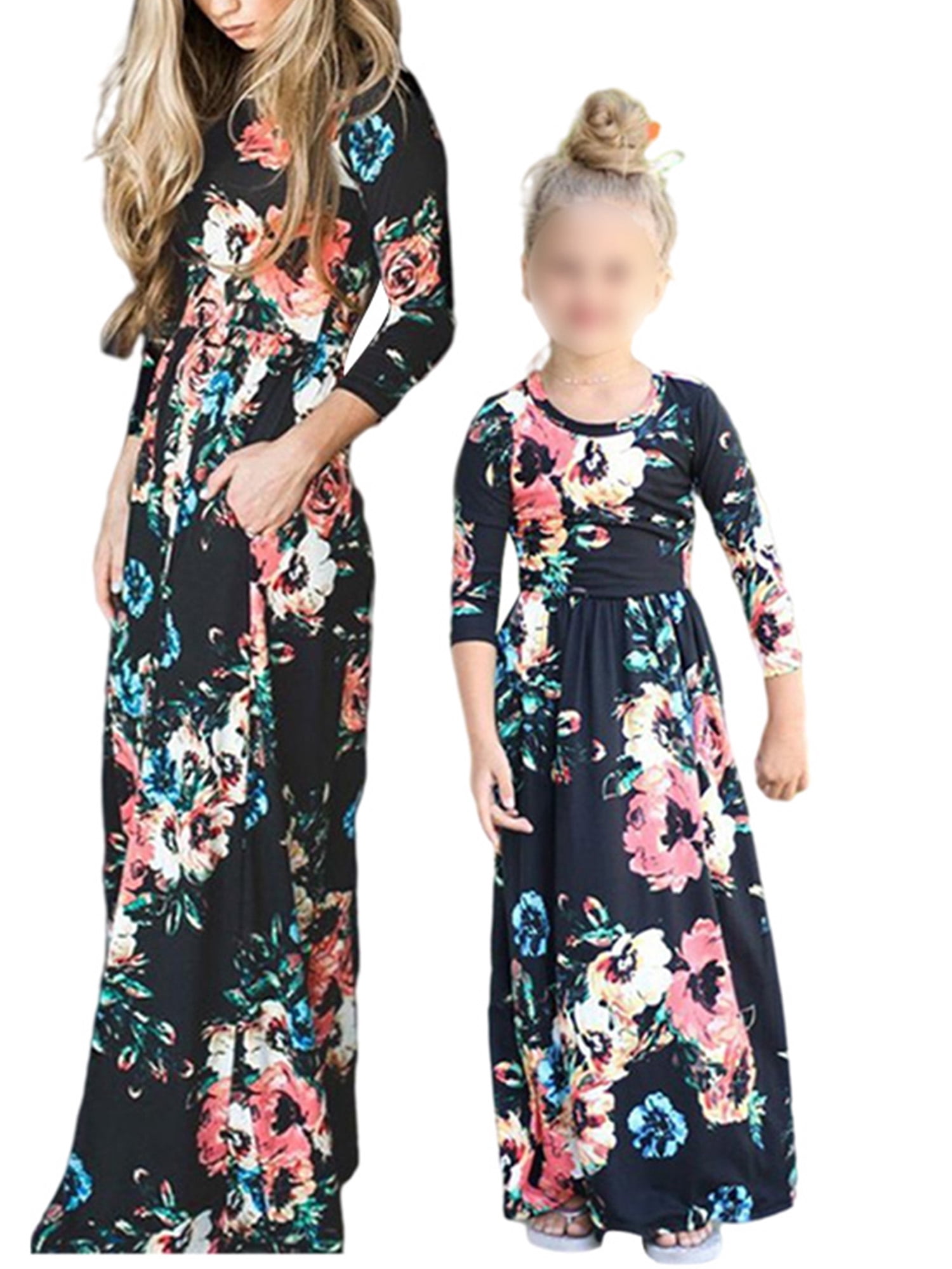 Mommy And Me Dresses Floral Print Stitching Maxi Dress Family