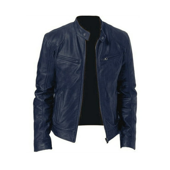 Niuer Motorcycle Biker Leather Jacket for Men Casual Overcoats Pockets Classic Biker Solid Coat Outwear Sport Blue XL