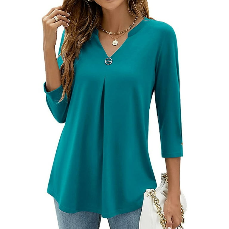 Niuer Solid Color T-shirt for Women Loose Pullover V Neck Blouse Dailywear  Pleated Casual Swing Tops 