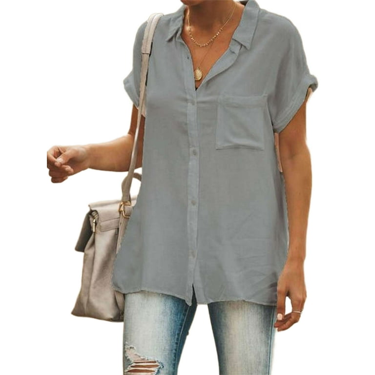 Niuer Women Baggy Short Sleeve Shirts Tops Summer Button Down Cardigan  Blouse Ladies Comfy Work Daily T-Shirts 