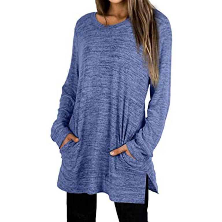Niuer Women Baggy With Pockets Pullover Ladies Casual Tops Longline  Dailywear Long Sleeve Loose Tee Blue 2XL 