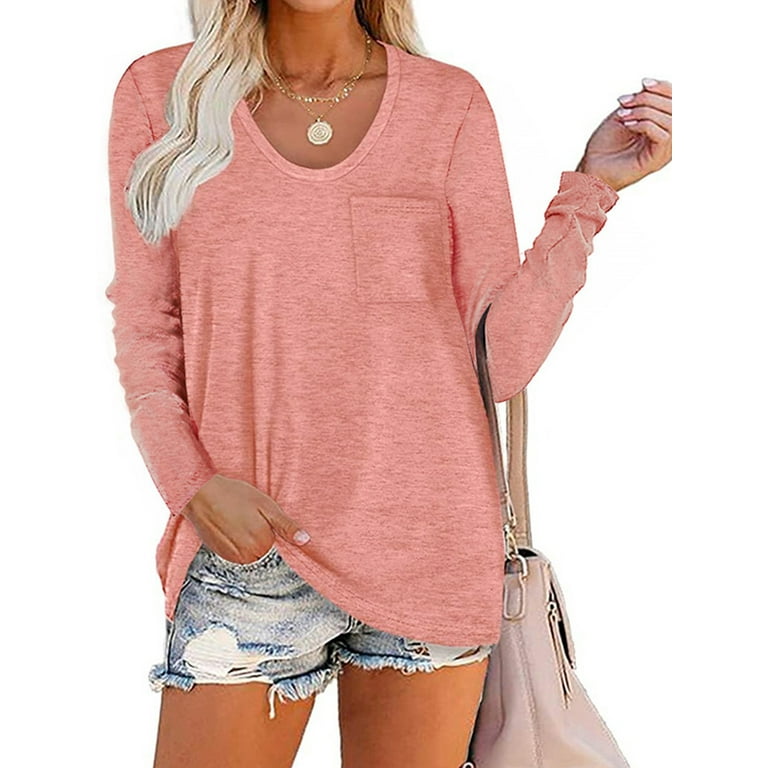 Niuer Women Breathable Solid Color Pocket T-shirts Long Sleeve Plian Tunic  Comfy Round Neck T Shirt Tops 