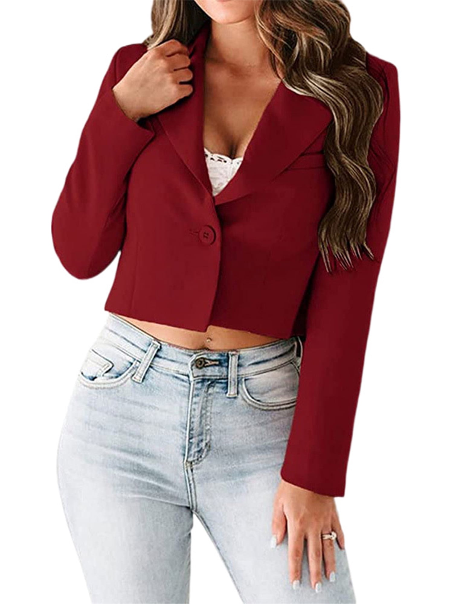 Niuer Women Button Blazer Suit Ladies Long Sleeve Cropped Jean Jacket OL  Work Coats Size S-5XL Wine Red M 