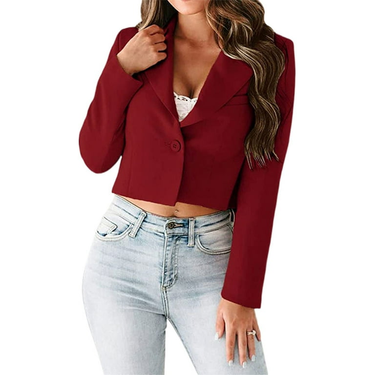 Niuer Women Button Blazer Suit Ladies Long Sleeve Cropped Jean Jacket OL  Work Coats Size S-5XL Wine Red M 