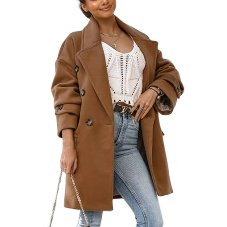 Niuer Women Button Down Solid Color Overcoats Ladies Thicken Coat Long  Sleeve Winter Warm Double-breasted Woolen Jacket Khaki M 