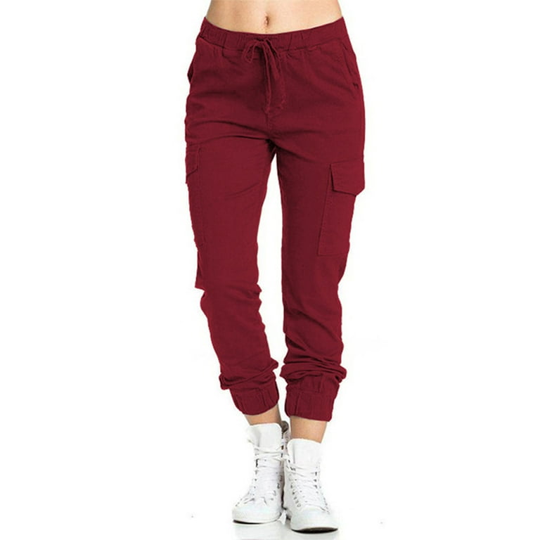 Niuer Women Casual Drawstring Harem Pant Ladies Baggy Trousers Elastic  Waisted Workout High Waist Loose Fit Bottoms Wine Red 3XL 