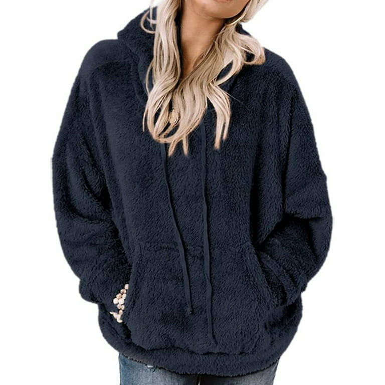 Niuer Women Casual Fleece Sweatshirts Casual Lounge Drawstring Hoodies  Winter Fuzzy Warm Sherpa Coat Navy Blue M 
